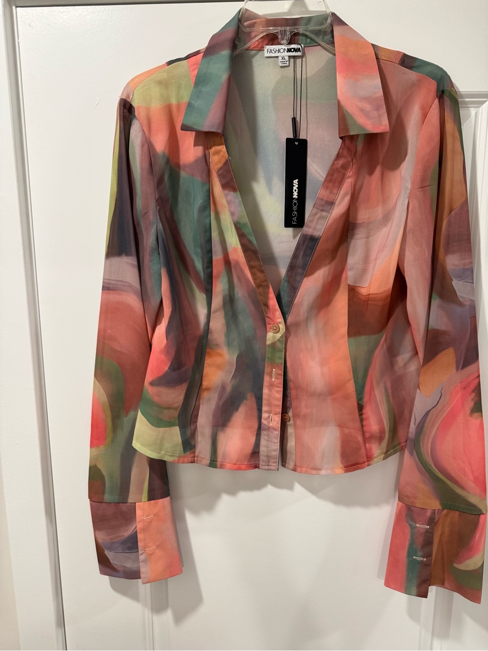 Fashion Nova Multicolor Swirl Satin Button-Down Shirt - Coral, Green, Peach